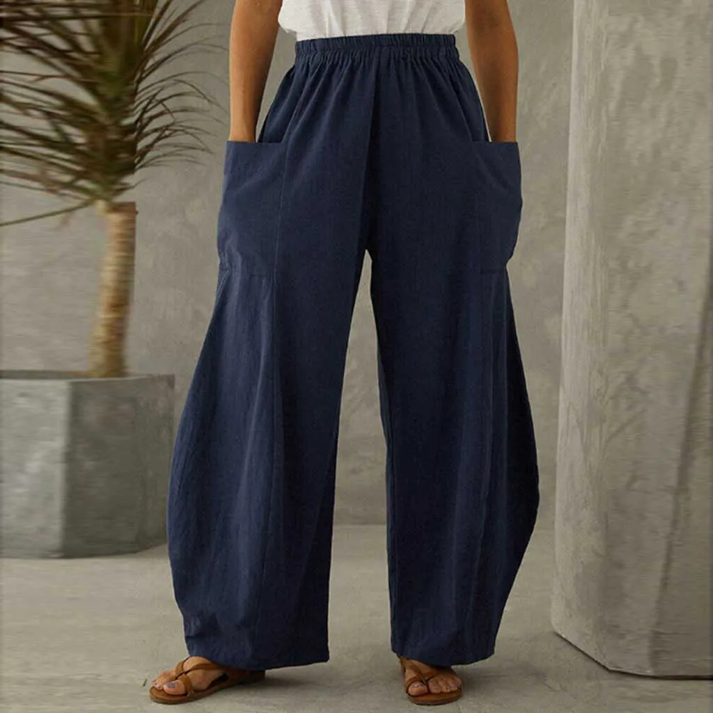 pantalon mode femmes surdimensionné S-5XL lâche tendance solide coton lin grandes poches décontracté jambe large un pantalon c50 210915