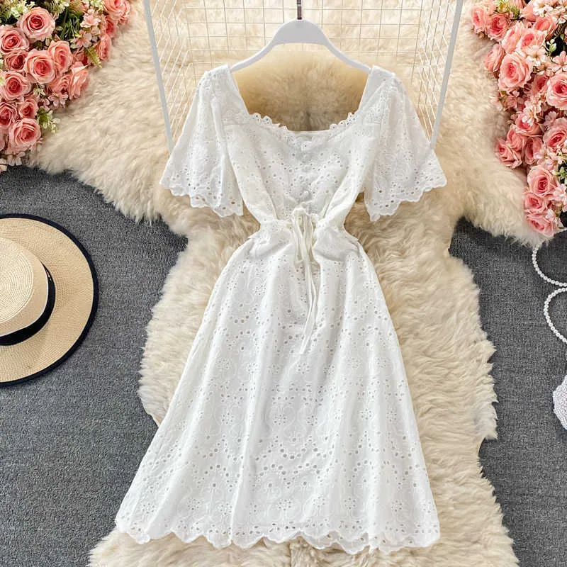 Été Vintage bleu/blanc/Beige évider Mini robe femmes élégant à manches courtes taille haute cordon une ligne Vestidos 2021 nouveau Y0603