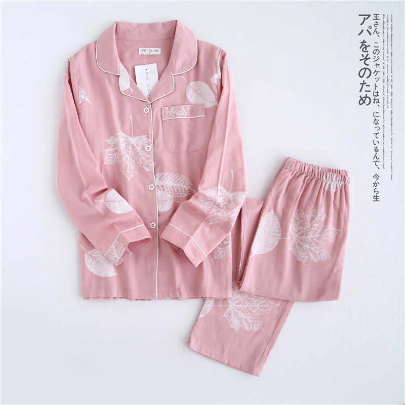 Kimono Femme Maple Leaf Pyjama Sets Frauen 100% Gaze Baumwolle Langarm Casual Nachtwäsche Frauen Pyjamas Herbst 210928