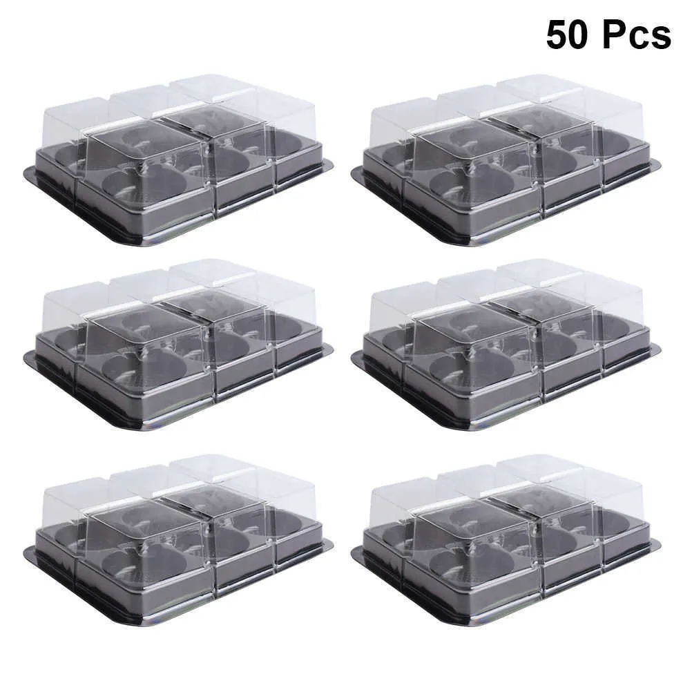 50 Stück 6 Hohlräume Mochi-Behälter Kunststoff-Mooncake-Tablett mit transparentem Deckel Lebensmittelverpackungsbox Y0712