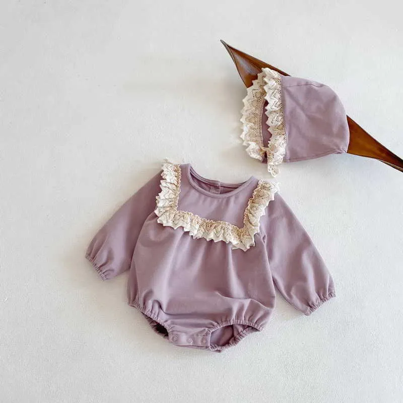 Wiosna Baby Girl Bodysuit Koronki Soundor Długie Rękawy Kombinezon z czapką Urodzony Cute Style Kids Clothes E2117 210610