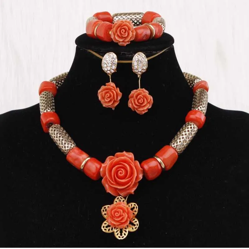 4Ujewelry Statement Collana Set Charms Arancione o Rosso Collana di perle di corallo nigeriano Set di gioielli Oro Bigiotteria Dubai New H1022