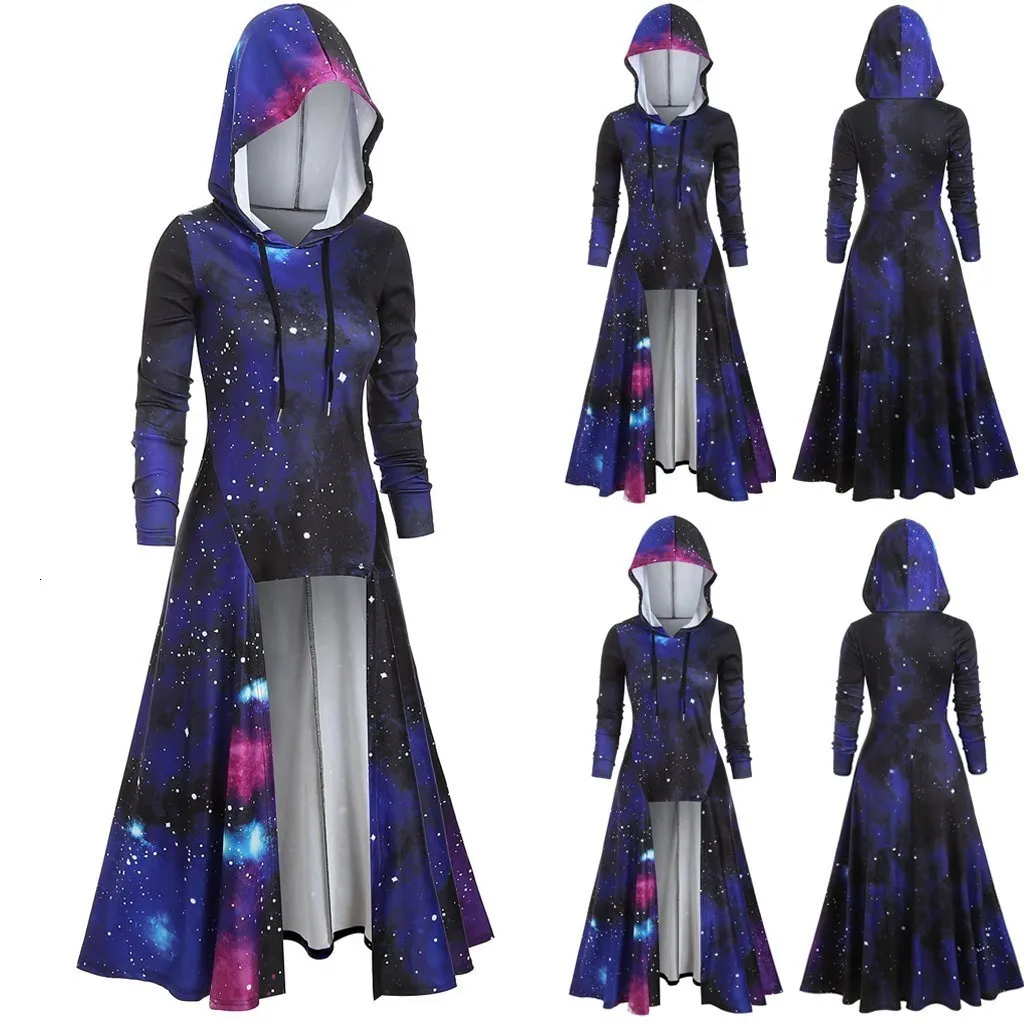 Ricorit Fashion Hooded Gwiaździste Galaxy Jesień Zima Cape Kobiety Maxi Długie Rękaw Sukienka Ubrania Gothic Punk z Plus Size 201008