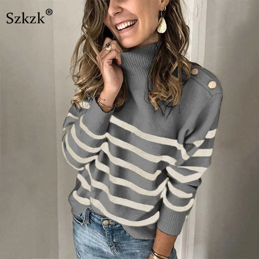 Szkzk Schwarz-weiß gestreifter Strickpullover Knopf Damen Pullover Weiblicher Pullover Herbst Winter Langarm Rollkragen Sexy Pullover 211007