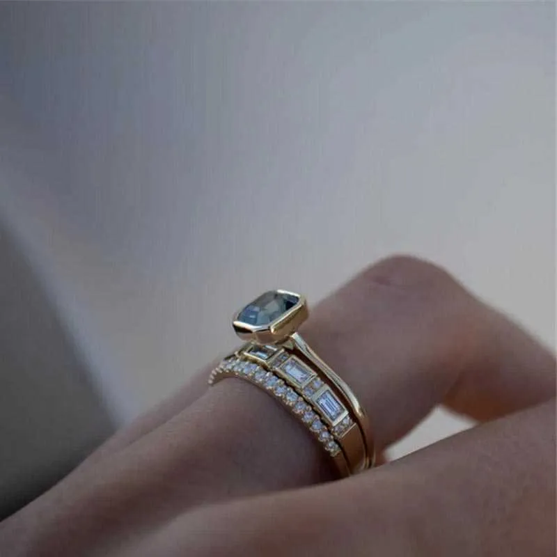3 pièces anneaux en cristal bleu acide pour les femmes mode couleur or jaune bague de mariage pour femmes marque de luxe bijoux cadeaux accessoires 237j