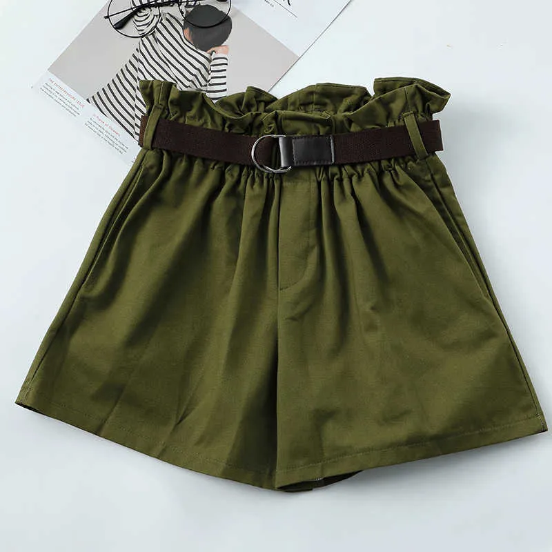 Coréen Simple Solide Short D'été Avec Ceinture Lâche Taille Haute Mince Vert Femmes Noir Paperbag 210724