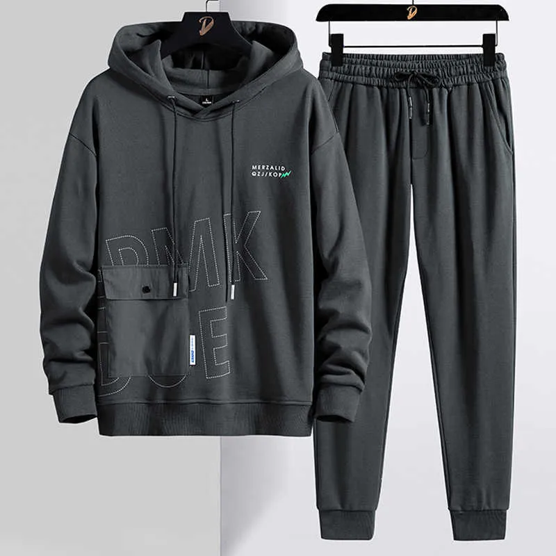 2021 Brand New Black Grey Pullover Tracksuit Men Plus Size Streetwear Big Pockets Men's Hoodie Sets Hooded Jogger Sweat Suits X0909