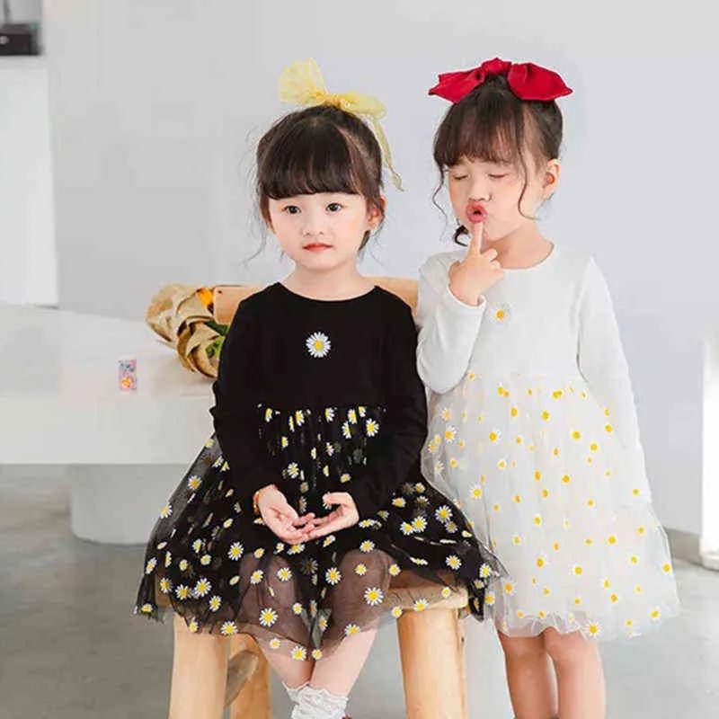 Dziewczynka 2021 Wiosna Jesień Z Długim Rękawem Sukienka Śliczne Koreańska Siatka Sukienka Dla Dzieci Dzieci Daisy Princess Dress G1129