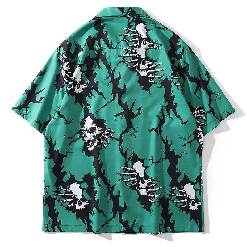 頭蓋骨プリントヒップホップシャツ男性の夏のビーチシャツ特大ボタンアップ日本のストリートウェアファッション原宿ハワイアン210721