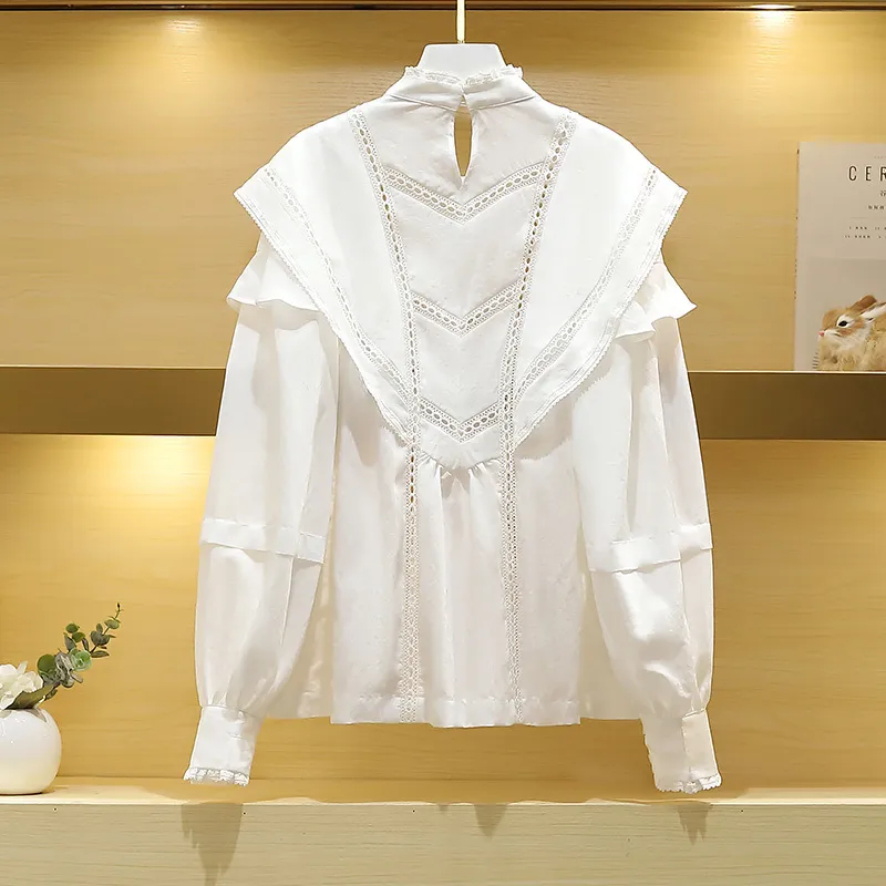 Ruffled Hollow out Shirt Women's Lace Sweet Two Type Long Sleeve Stand Collar Blouse Early Autumn 210225