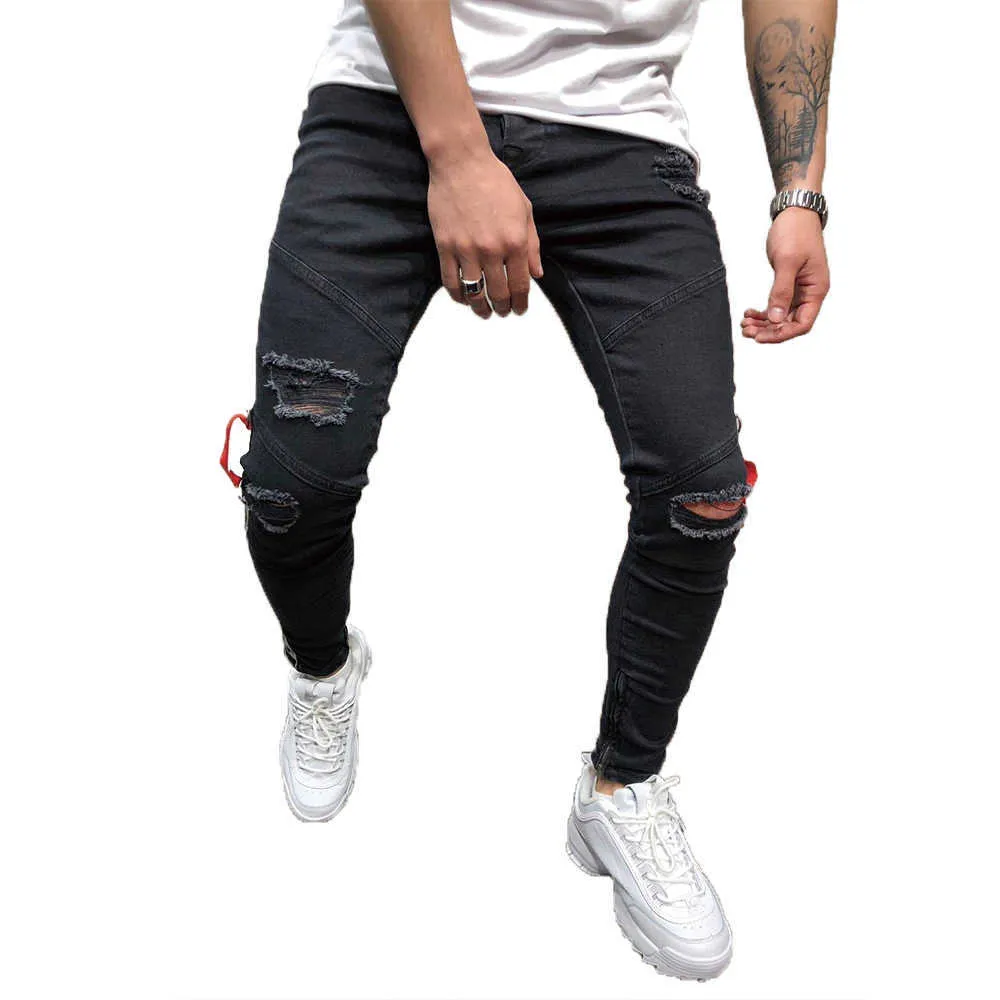 Kot erkekler için beyaz kırmızı çizgili patchwork moda yırtık kot pantolon siyah sıska pantolon mens jeans x0621