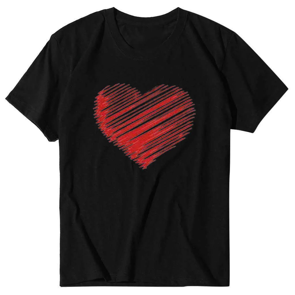 Femmes t-shirt coeur imprimé saint valentin décontracté à manches courtes t-shirt O cou en forme de coeur pull hauts t-shirts Mujer 2020 X0527