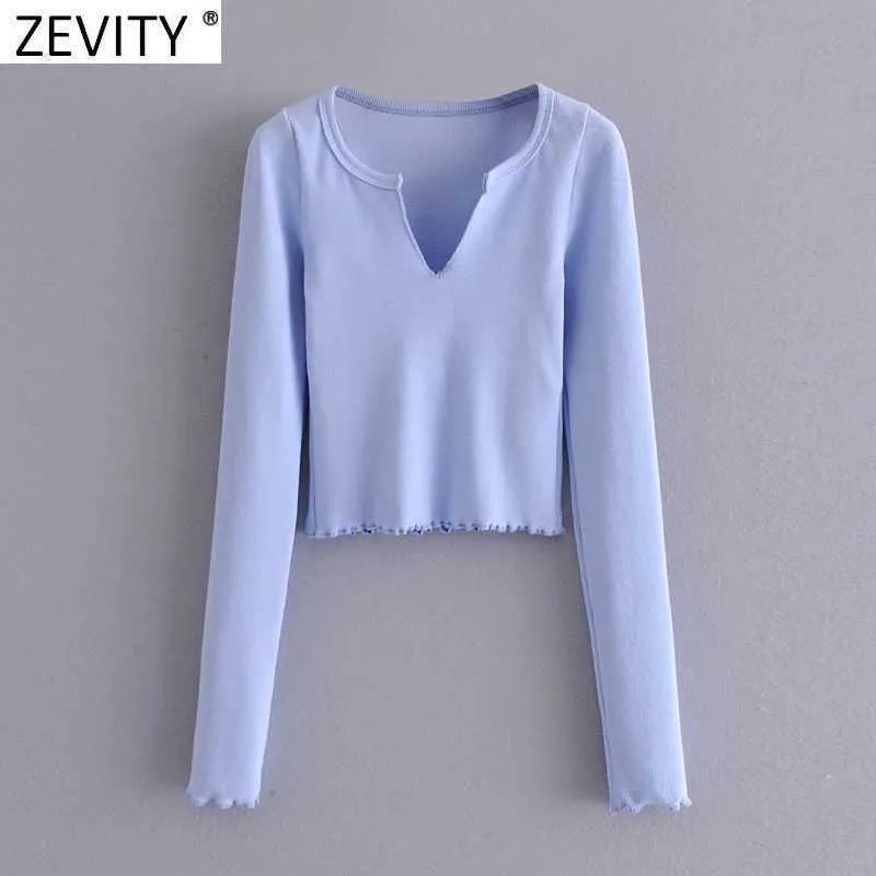 Zevity Donna Semplicemente Scollo a V Diviso Tinta unita Short Chic T Shirt Donna Manica lunga Orlo con volant Casual Slim Crop Top LS7620 210603