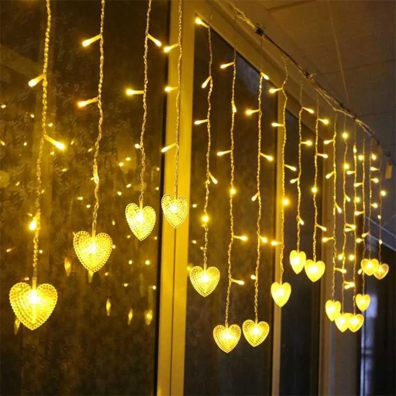 Jul Led Heart Curtain Lights Icicle Fairy Garland String Lights för Home Party Garden Holiday Xmas Decoration Romantic Y0720
