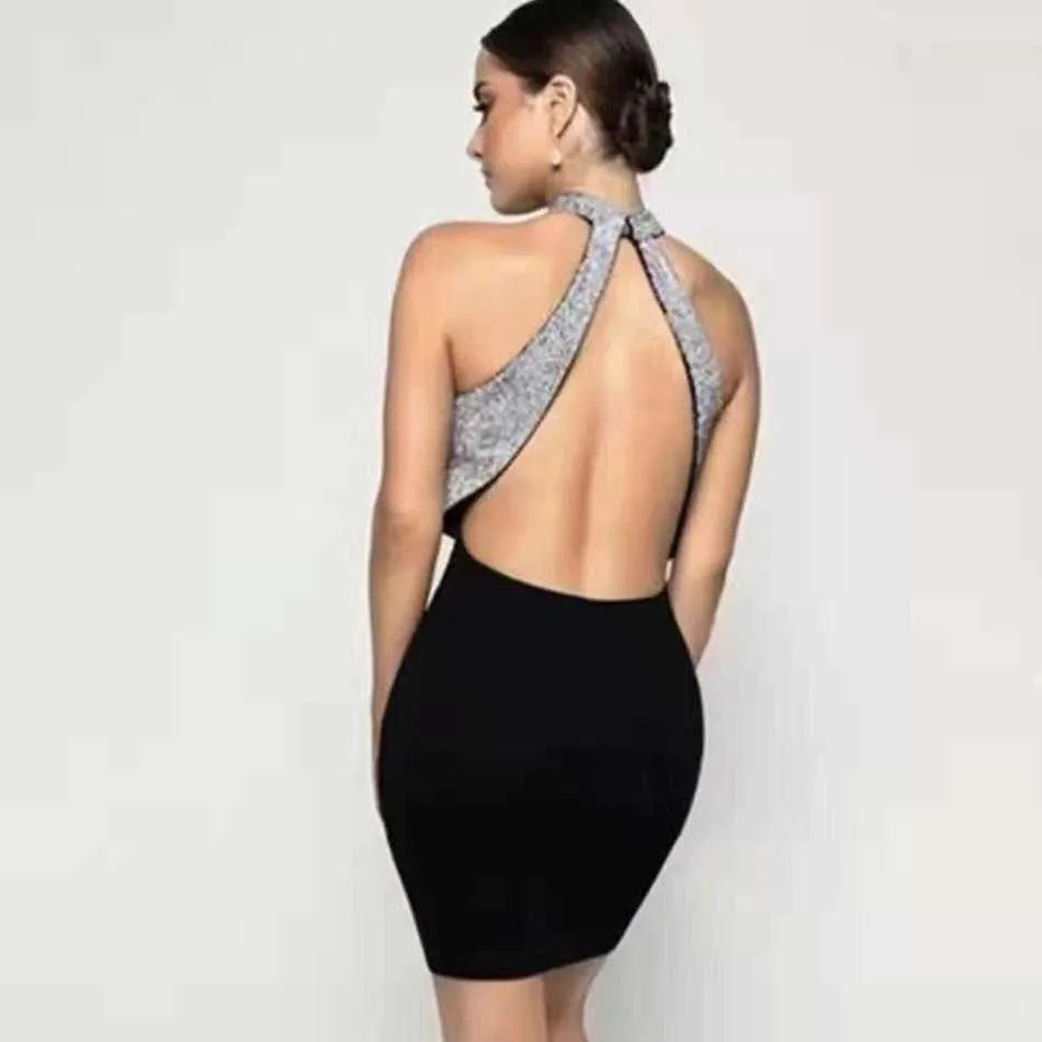 Robe de bandage dos nu sexy diamant pour femmes blanc noir sans manches col haut serré club célébrité fête 210527