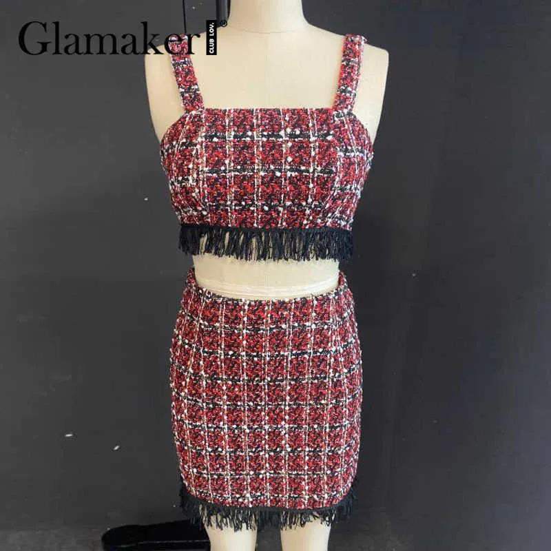 Glamaker Vino tinto Tweed Plaid 2 piezas faldas trajes Mujer otoño sin mangas borla recortada top y falda Grace Party conjuntos de oficina 211119