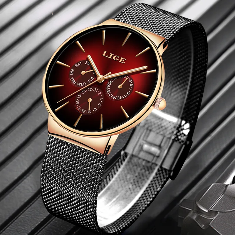 Lige nieuwe modeheren horloges topmerk luxe kwarts horloge mannen mesh staal waterdichte ultradunne polshorloge voor mannen sportklok 21308G