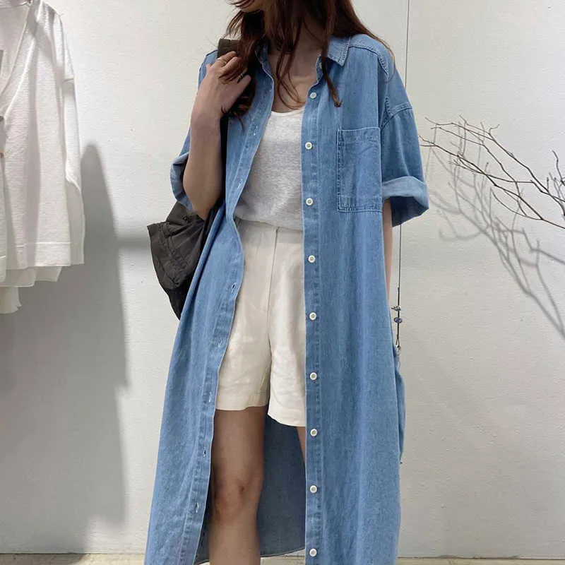 Korejpaa Femmes Robe Été Coréen Rétro Revers Simple Boutonnage Casual Lâche Multi-Poche Conception Sur Genou Denim Robes 210526