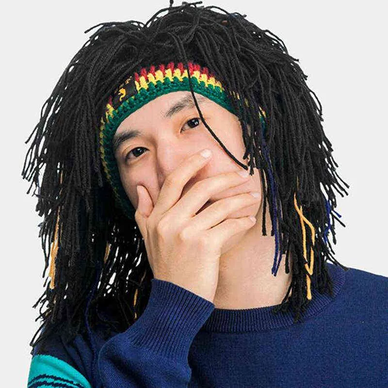 RASTA WIG Beanie Caps для мужчин ручной работы вязание крючком зима теплая шапка Gorros Halloween праздник праздник подарки на день рождения забавная вечеринка Balaclava 211228