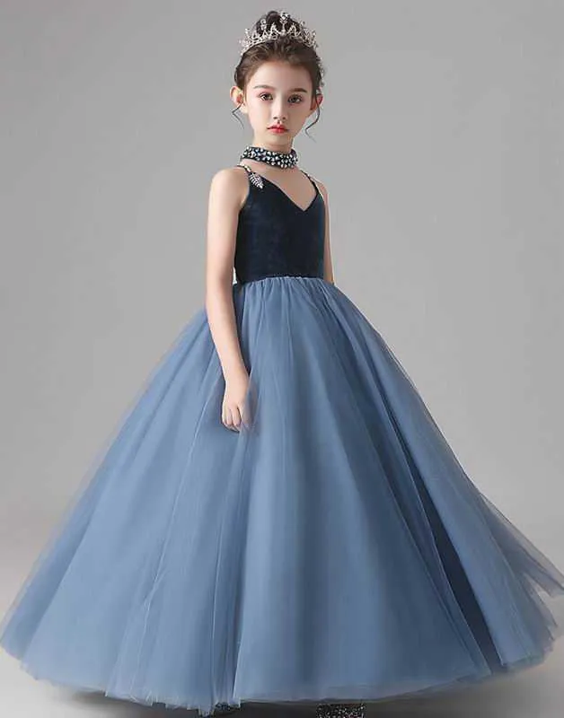 Çiçek Kız Prenses Elbise Kadife Kabarık Tül Parti Akşam Balo Performans Giyim Model Gösterisi E2 210610