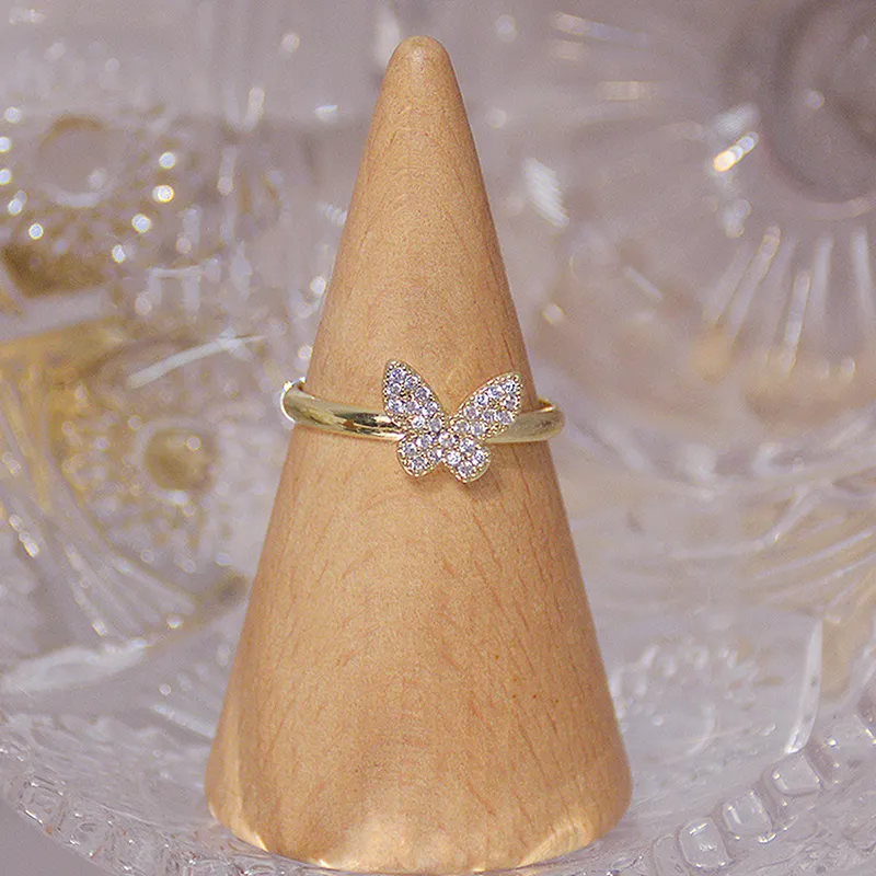 Mode 14k echte gouden holle vlinder cz ring voor vrouwen verstelbaar open ontwerp pave zirkoon vlinderring bruiloft sieraden cadeau