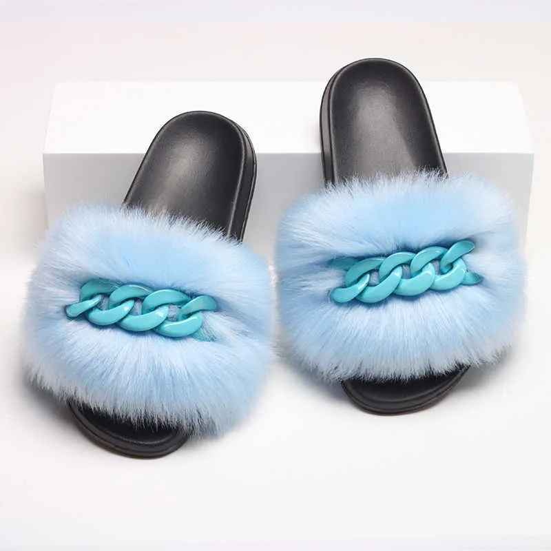 Furry päls tofflor Fluffy Flip Flops Kvinnor Sommarfaux Sandaler Designer Kedja Plush Raccoon Fur Slides Strand Hem Plattskor 211012