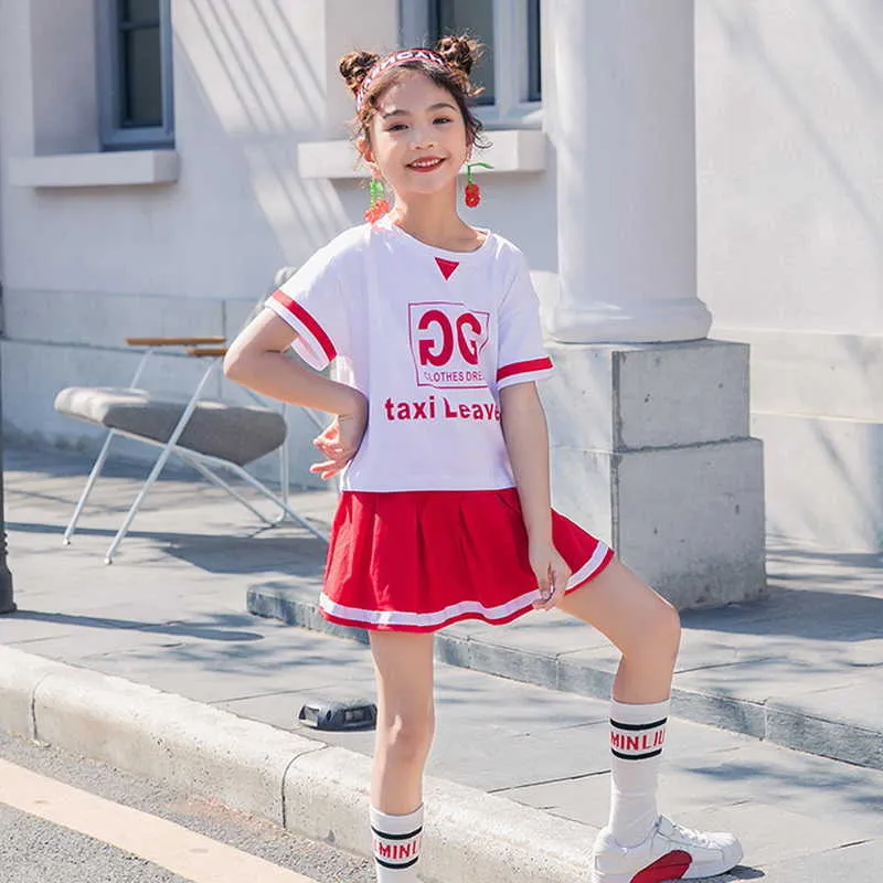 Summer Teenager Girls 2-pcs Sets Short Sleeves Letters T-Shirt + Elastic Skirts Sports Style Kids Clothes E2072 210610