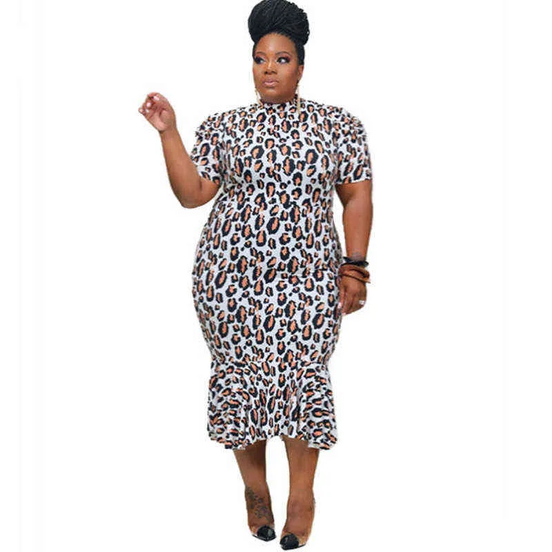 プラスサイズのドレスの女性の夏のヒョウプリント半袖マキシドレスボディコンフリル裾エレガントな衣装卸売ドロップ 211106