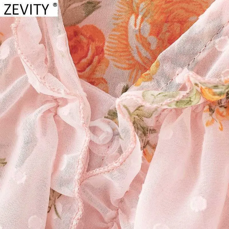 Zevity Frauen Süße Plissee Rüschen V-ausschnitt Blumendruck Casual Shirt Weibliche Chiffon Bluse Roupas Chic Chemise Tops LS9076 210603