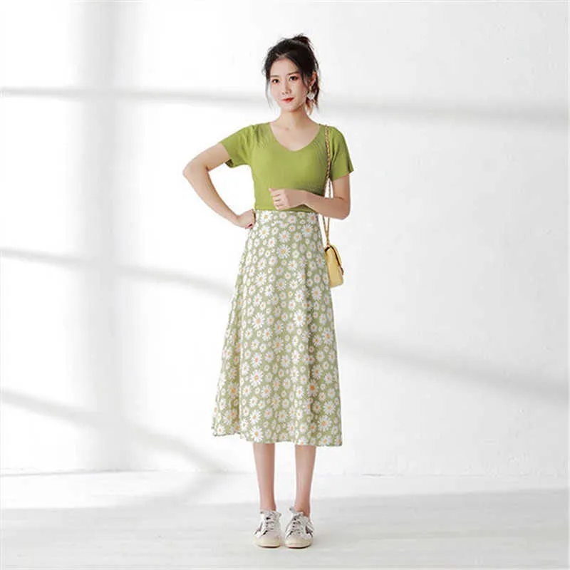 Korean Daisy Chiffon Printed Women Midi Skirts High Waist Casual Slim Female Long Skirt vintage Summer Fashion Ladies Bottoms 210619