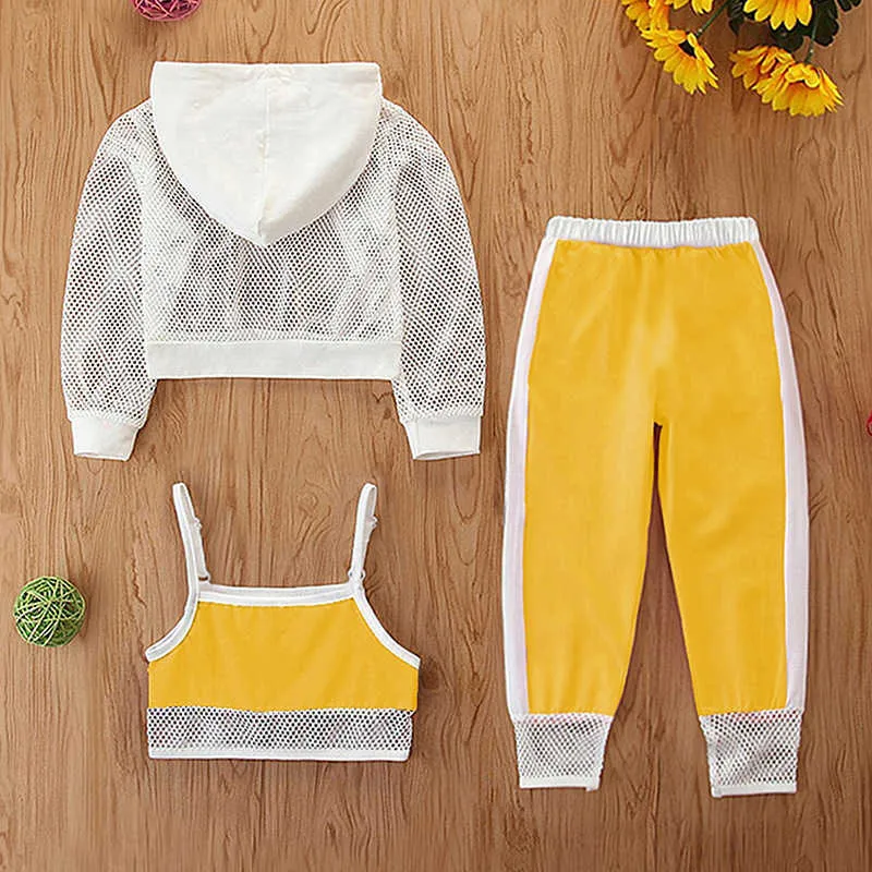 2021 Spring Girls Sportkläder Kläder Satser Kids Tracksuit för Barn Mesh Long-Sleeve Hoodies + Camisole + Sportbyxor Suit X0902