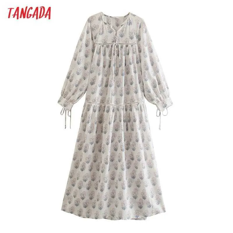 Tangada mode femmes arc fleurs imprimer longue robe bouffée à manches longues dames Maxi robe 5Z238 210609