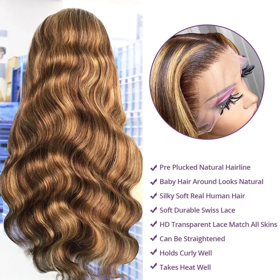 22 tum body wave spets front peruk hd frontal 30 tum 150 transparent höjdpunkt piano färg brun blond människa hår peruk 13x4 fulll 7459759