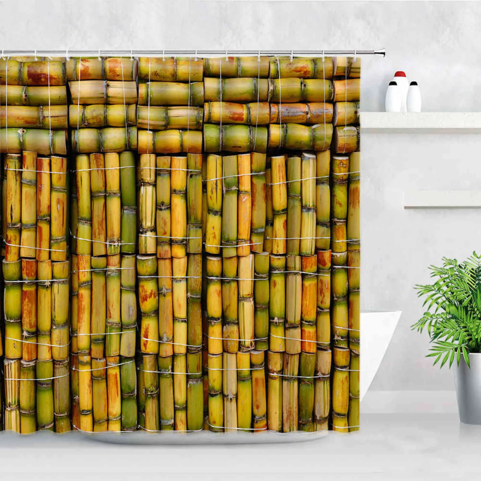 緑の竹のシャワーカーテン黒の石の白いキャンドル禅庭の風景ホームウォールの装飾浴室ファブリックバスカーテン211116