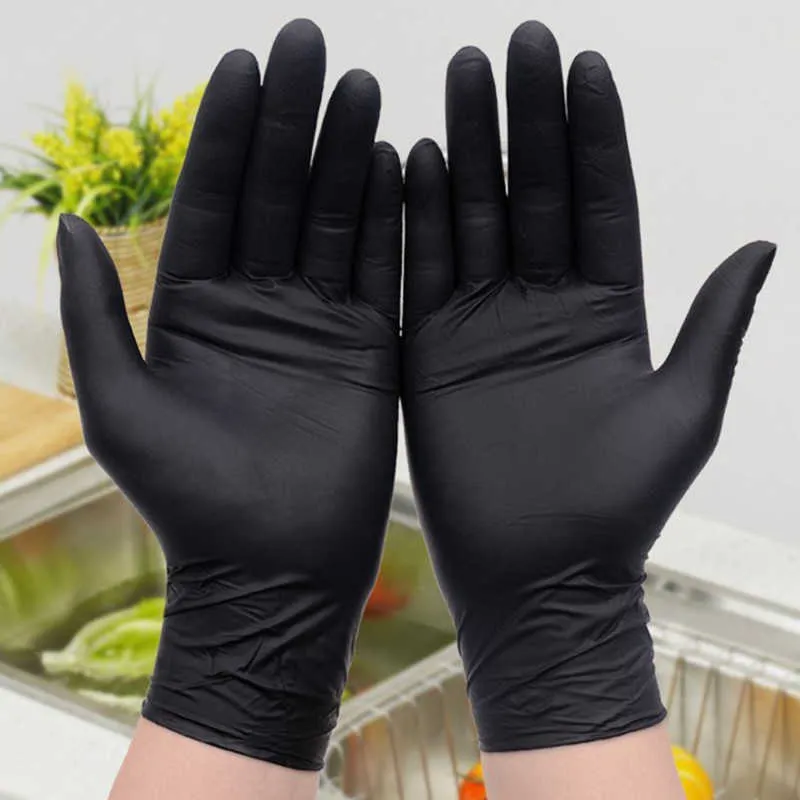100 Stück schwarze Einweg-Nitril-Handschuhe, Haushaltsreinigung, Nitril-Handschuhe, Labor, Nagelkunst, antistatische Handschuhe, 22,9 cm Länge, T200247S