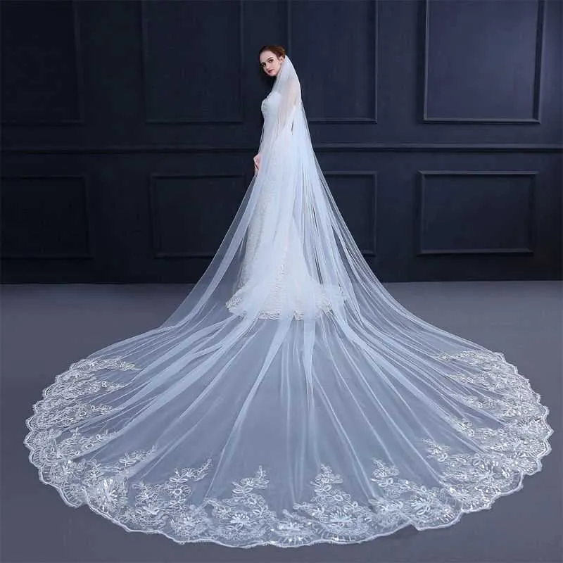 4M One-Layer Women Trailing Cathedral Long Wedding Veil Embroidered Floral Lace Applique Scalloped Trim Bridal Veil With Comb X0726