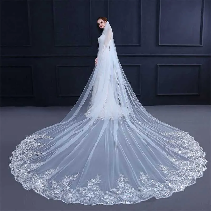 4M One-Layer Women Trailing Cathedral Lungo Velo da sposa Ricamato floreale Applique in pizzo Smerlato Trim Velo da sposa con pettine X0726