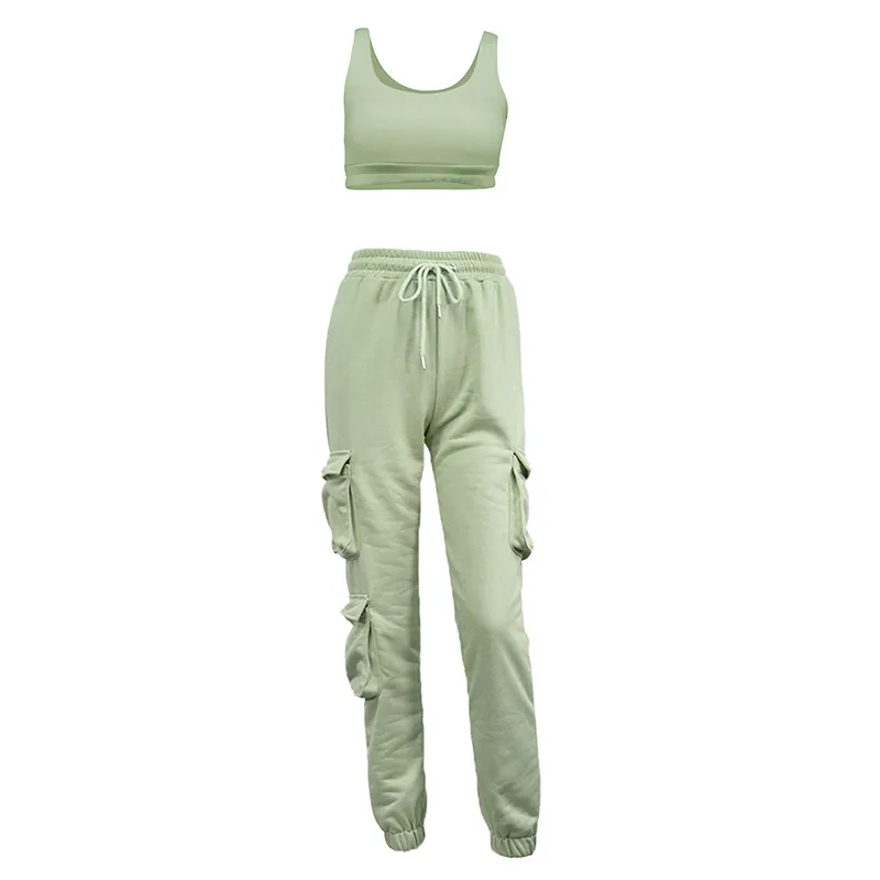 Dames Trainingspak Sexy Crop Tops Sweatpants Casual Tank Tops Pocket Broek Pullover Elastische Broeken Sportwear Streetwear Outfits 210304