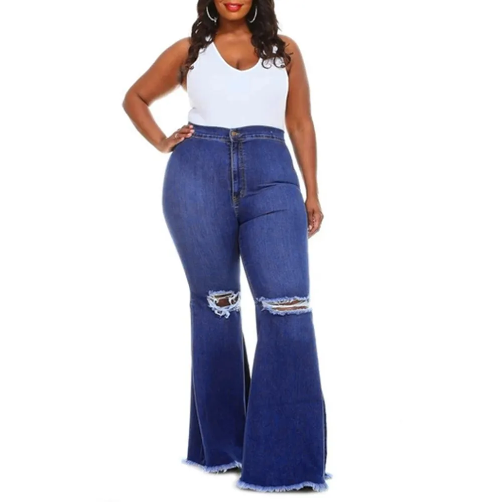 Chic Lady Hole Flare Pants Sexy High Waist Bell-Bottom Denim Jeans Large Size Solid Vintage Stretch Slim Wide Leg Trousers 6XL 210222