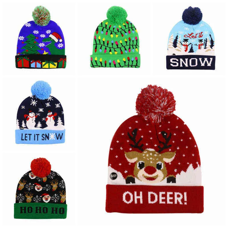 ON SALE 2022 New Year LED Elk Knitted Christmas Hat Beanie Light Up Illuminate Warm Hat For Kids Adults New Year Christmas Decor Y21111