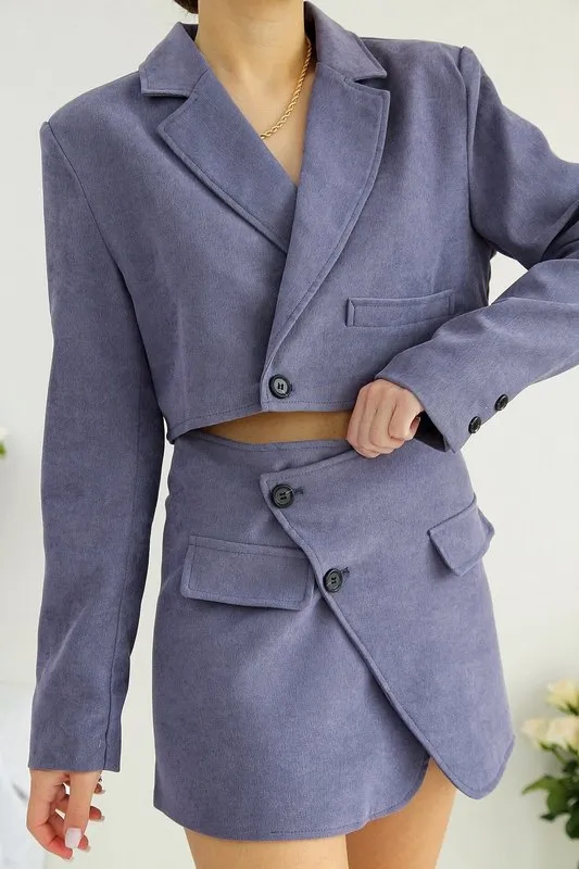 Vintage Sexy One Button Short Women Corduroy Blazer High Waist Irregular Cross Slit Mini Skirt Long Sleeve Suits Set 220302