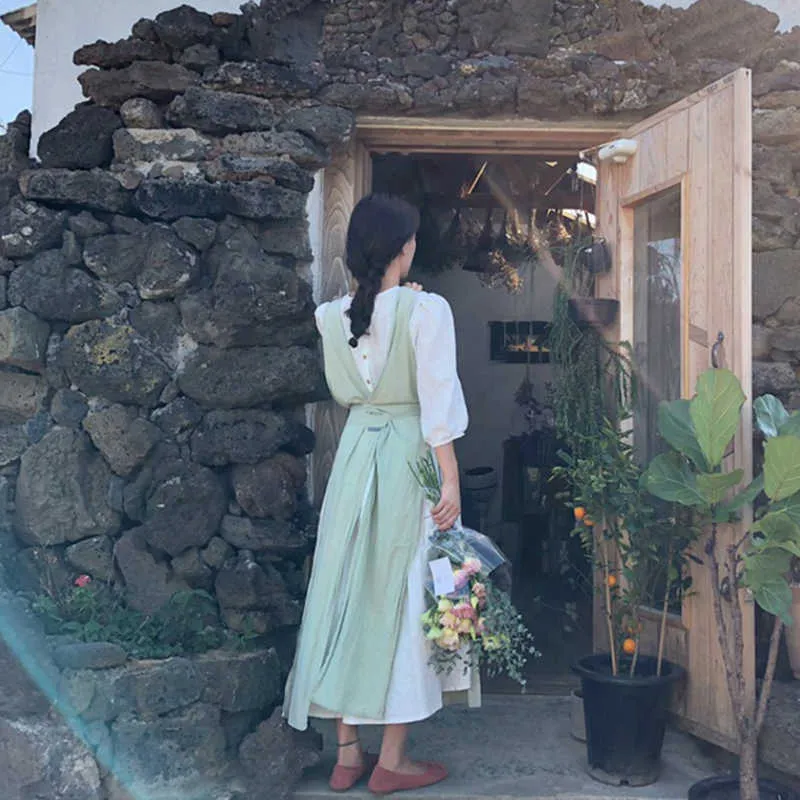 Avental lavado de linho de algodão de algodão para cozinhar cozando flor loja ruffles trabalho limpo avental para mulher uniforme senhora vestido 210629