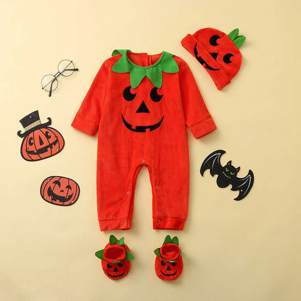 幼児のベビー服のカボチャハロウィーンジャンプスーツプレイスーツの衣装ロンパース暖かいジャンプスーツの赤ちゃん男の子の衣装の赤ん坊の服Q0910