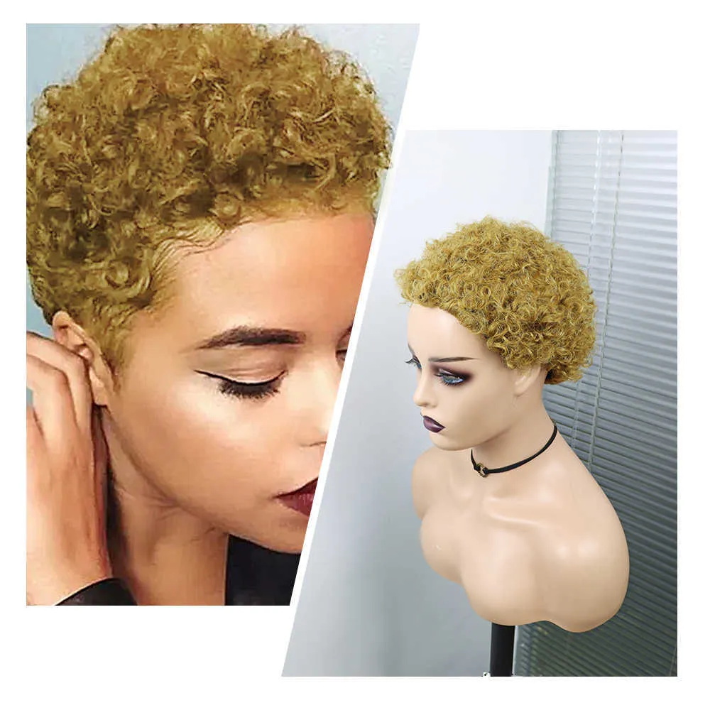 Peluca rizada afro corta para mujeres negras, peluca de cabello humano Natural, peluca barata hecha a máquina, Color marrón, 100% cabello humano S0826