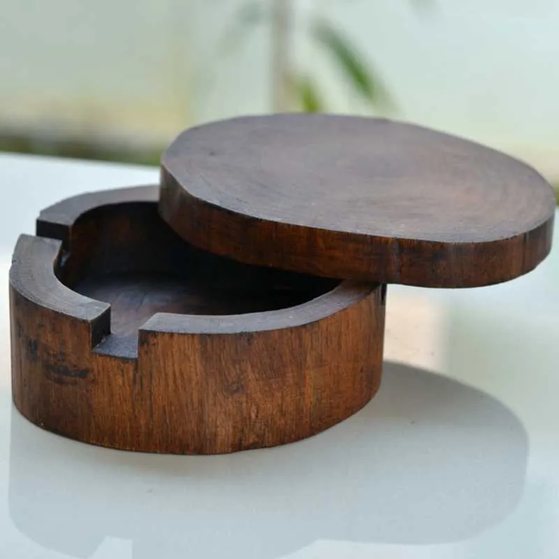 Vintage Natural Wood Carving Ashtray med lock Avtagbar Enkel design Dekorera Q0ka 210724