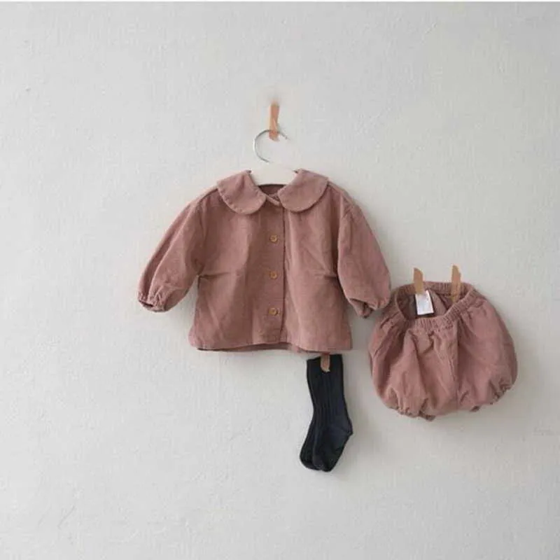 Korean Style Spring Kids Girls 2-pcs Sets Solid Color Long Puff Corduroy Coat + Shorts Children Clothes E45 210610