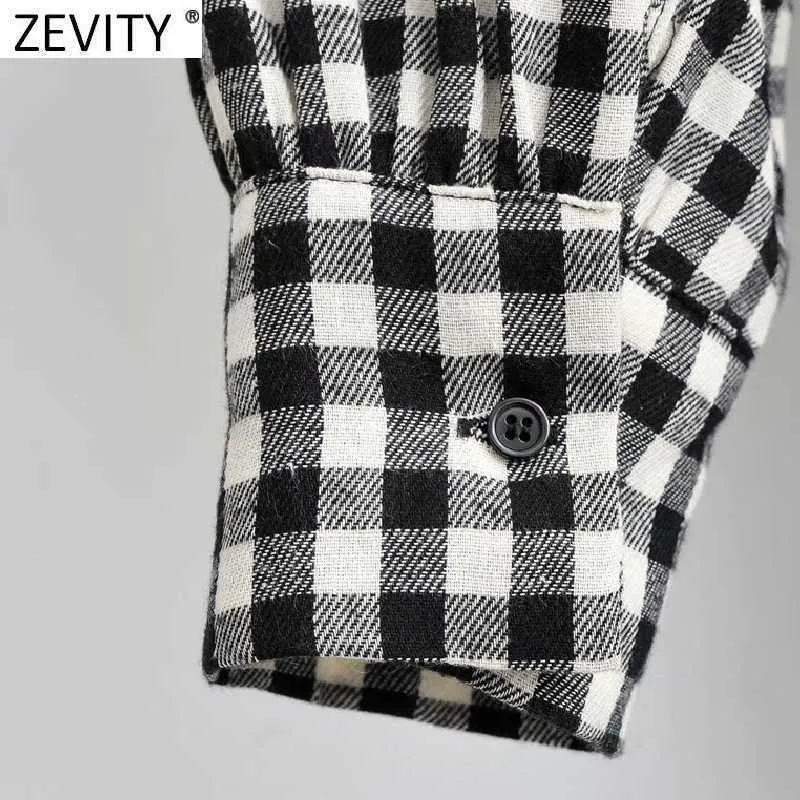 Zeefity Dames Mode Plaid Print Plooien Shirt Jurk Vrouwelijke Chic Puff Sleeve Zakken Casual Business Mini Vestido DS8315 210603