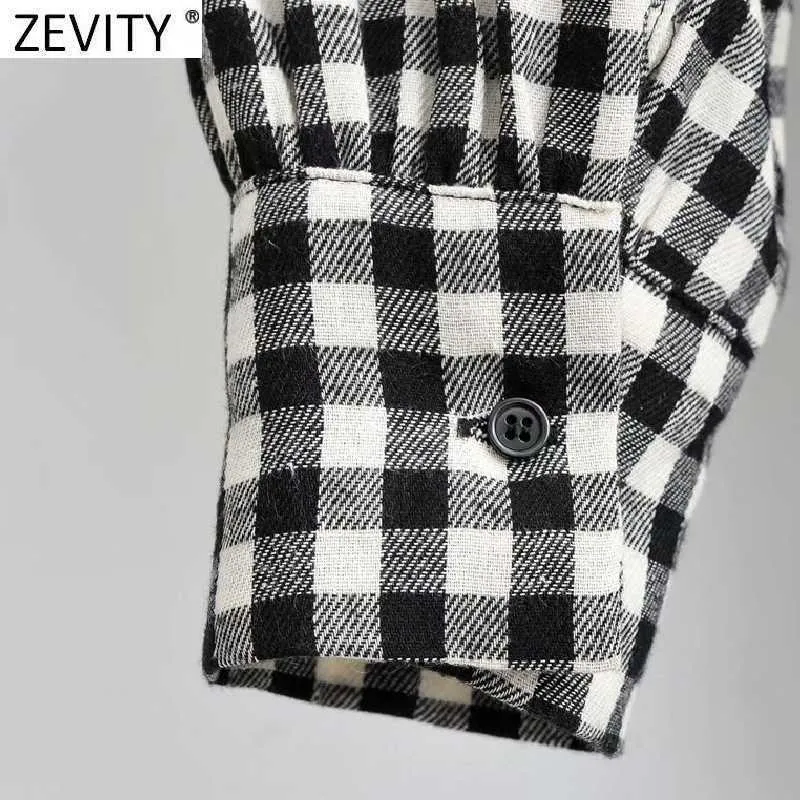 Zevity Women Fashion Plaid Print Pleats Shirt Dress Female Chic Puff Sleeve Pockets Casual Business Mini Vestido DS8315 210603