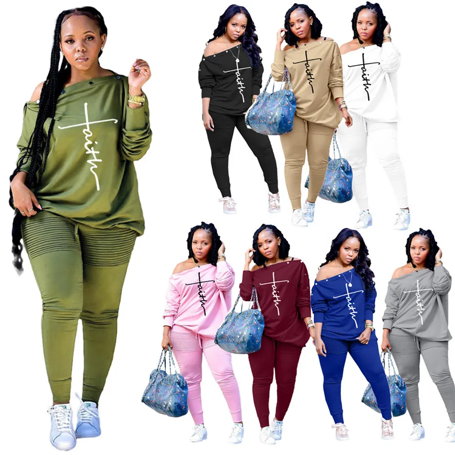 Partihandel Produkter Kvinnor Tracksuits Plus Size Y2K Outfits Sexiga Slash Neck Leggings Två Piece Set Långärmad Fashion Slim Letter Kläder K8416