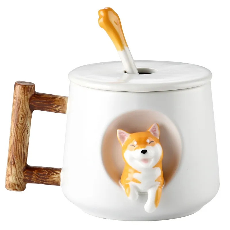 Criativo bonito artesanal shiba inu caneca com tampa colher cerâmica canecas de cachorro copo personalizado para café chá cozinha utensílios de mesa amor presente l263i